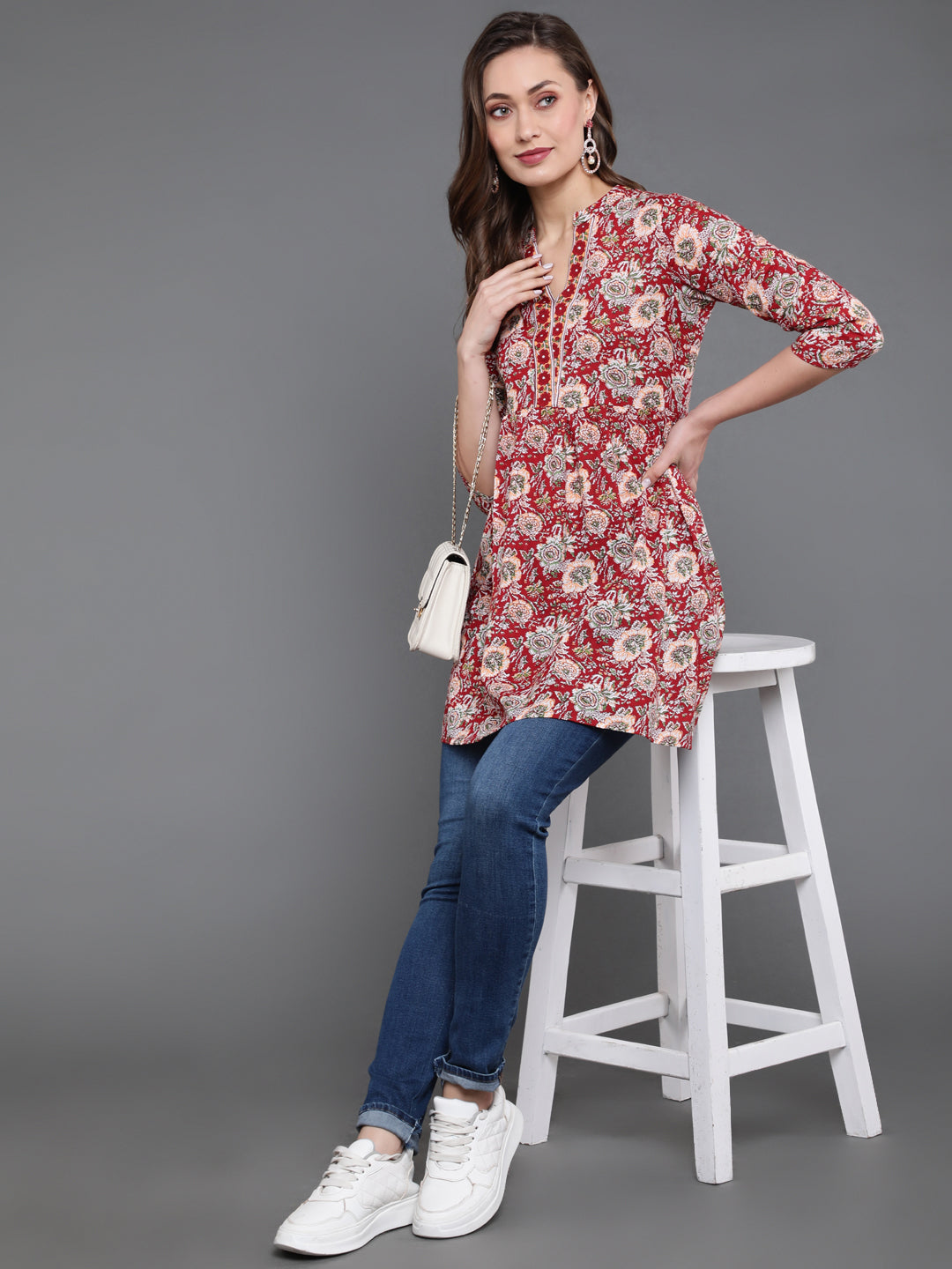 Antaran Maroon Pure Cotton Floral Printed Tunic