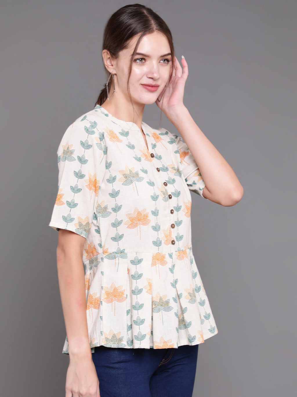 Antaran Off White Cotton Printed Cotton Flex Tunic With Box Pleat