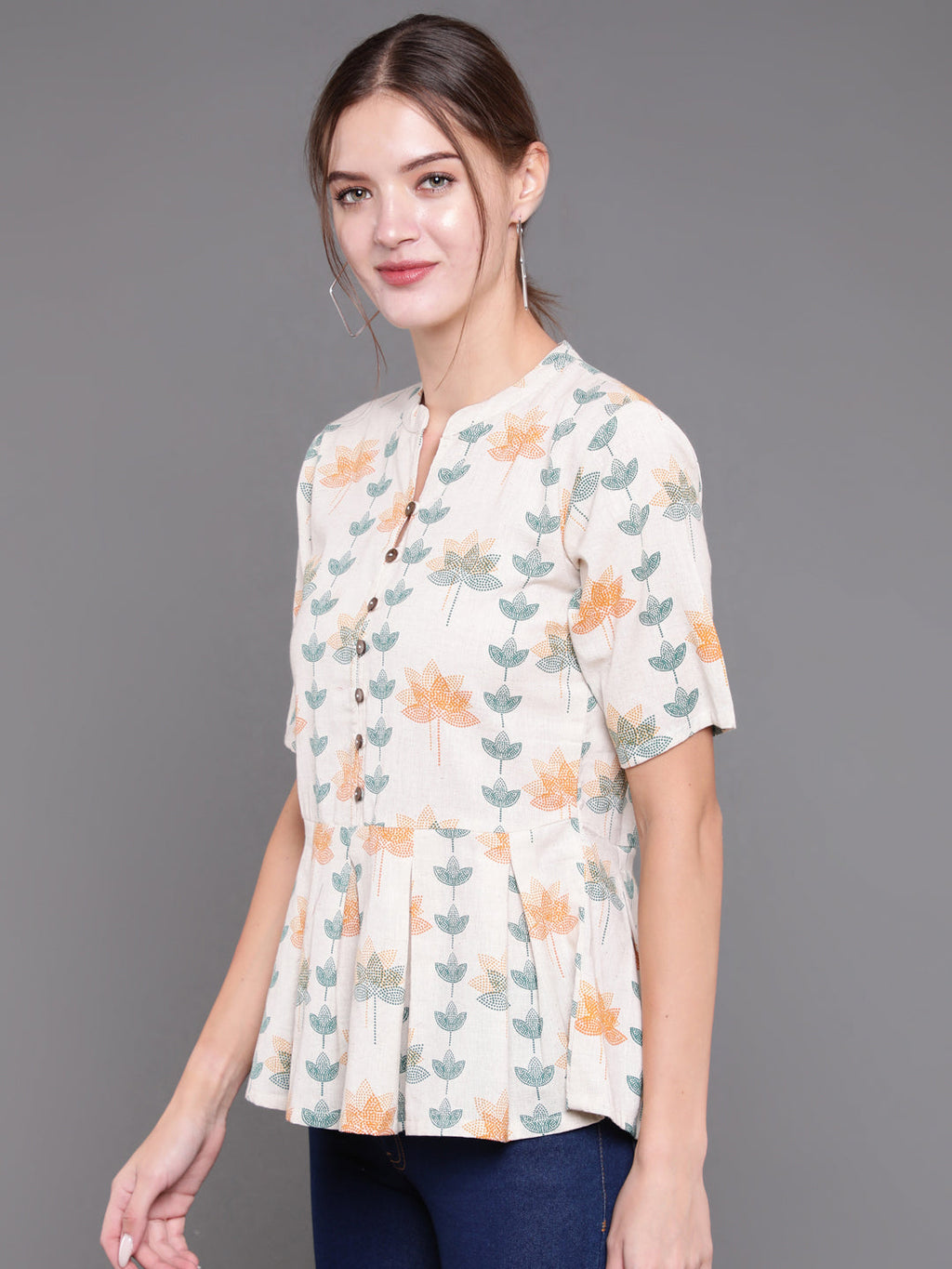 Antaran Off White Cotton Printed Cotton Flex Tunic With Box Pleat