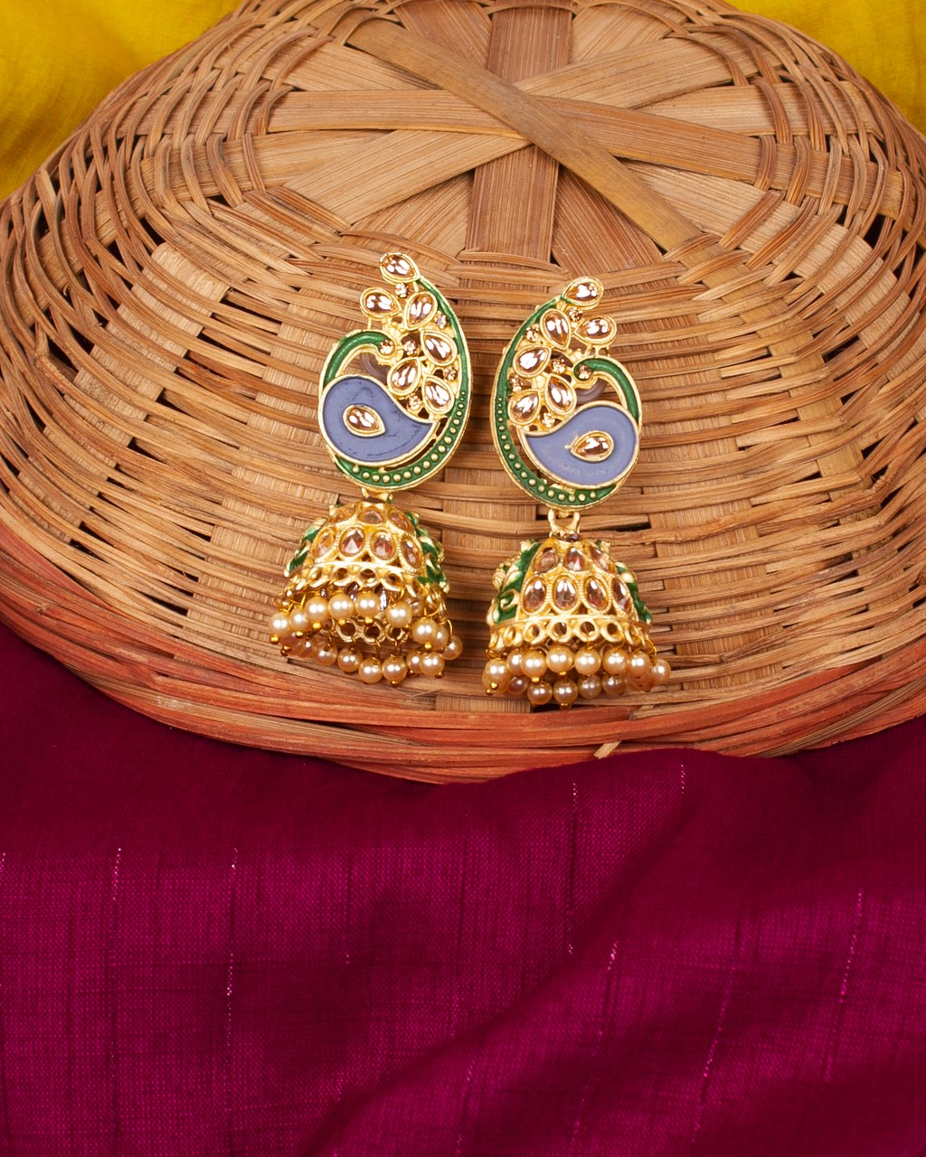 Gold-Plated Alloy Enamel & Stone Studded Jhumki Earrings - The Pari - Distacart