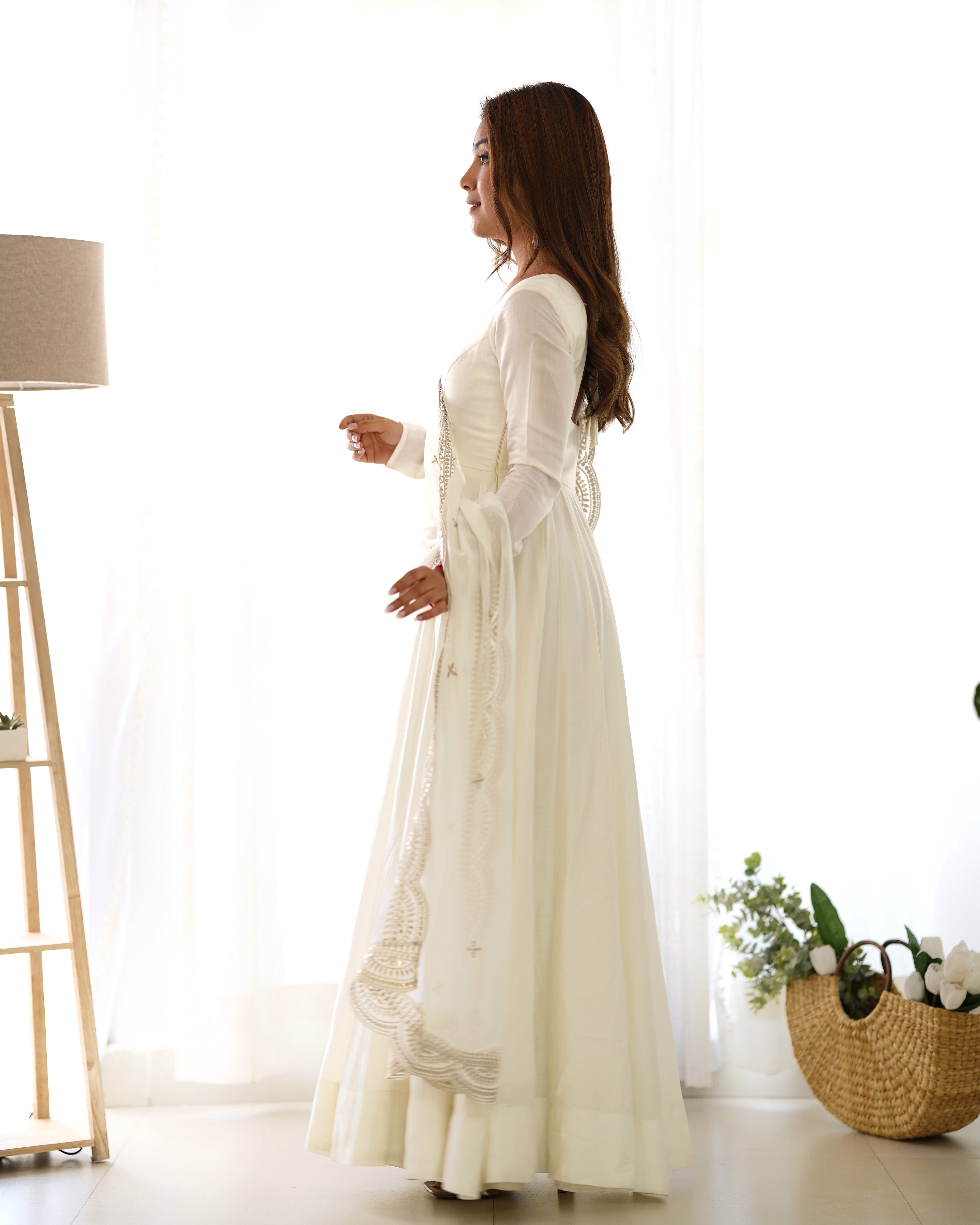 Lorenvalley Fashion Offwhite Pure Roman Silk Chanderi Fabric Fully Flared Anarkali Pant With Dupatta Set - Off White