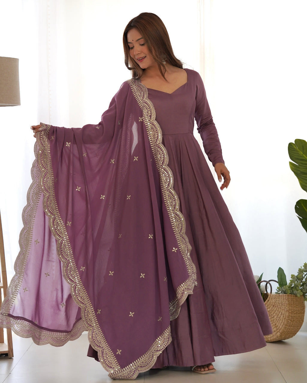 Lorenvalley Fashion Mauve Pure Roman Silk Chanderi Fabric Fully Flared Anarkali Pant With Dupatta Set - Mauve