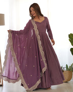 Lorenvalley Fashion Mauve Pure Roman Silk Chanderi Fabric Fully Flared Anarkali Pant With Dupatta Set - Mauve