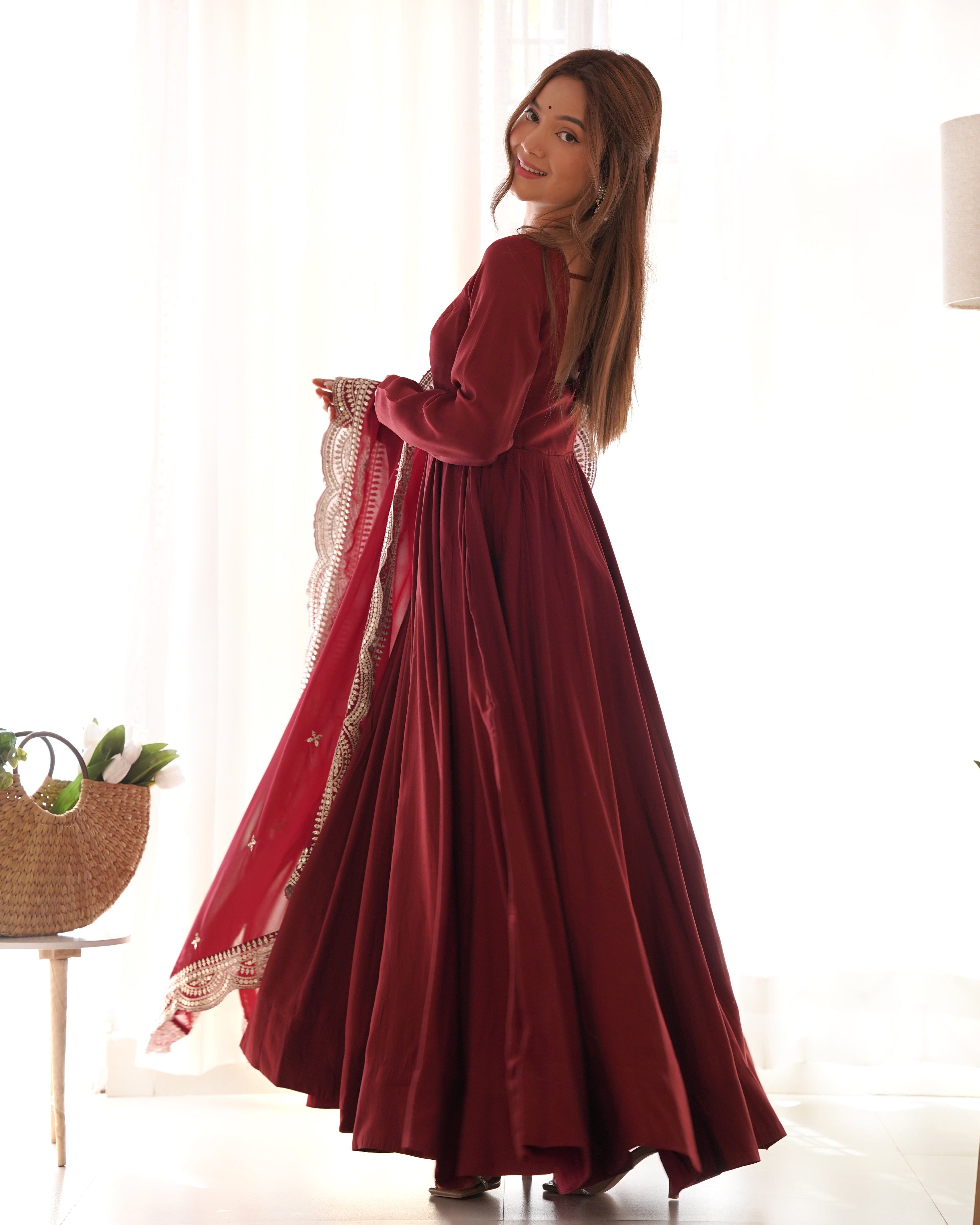 Lorenvalley Fashion Maroon Pure Roman Silk Chanderi Fabric Fully Flared Anarkali Pant With Dupatta Set - Maroon