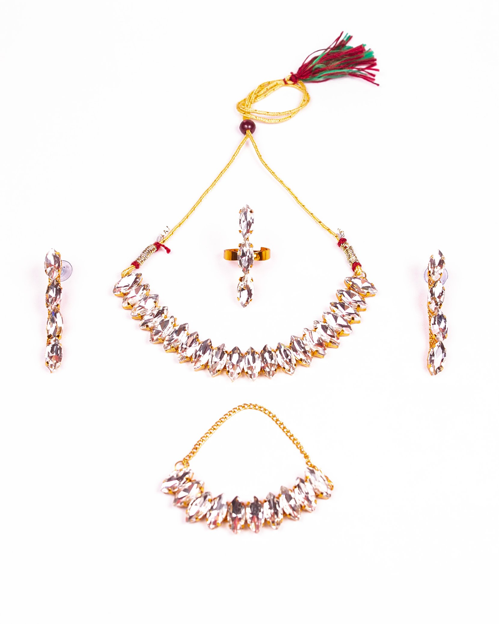 Gold-Polished Alloy Rhinestones Studded Single Line Necklace Set - The Pari