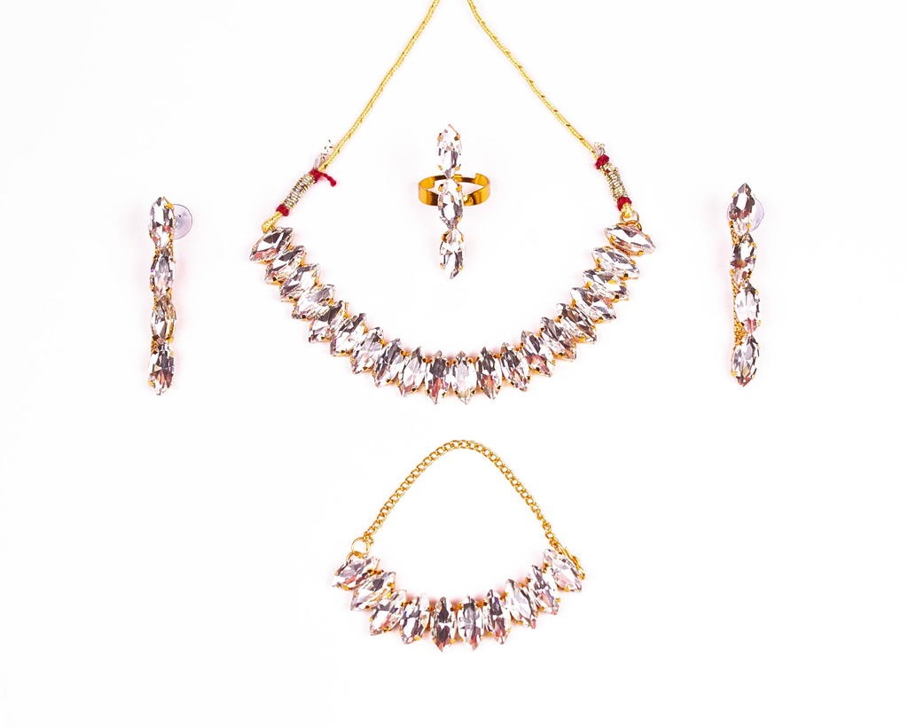 Gold-Polished Alloy Rhinestones Studded Single Line Necklace Set - The Pari