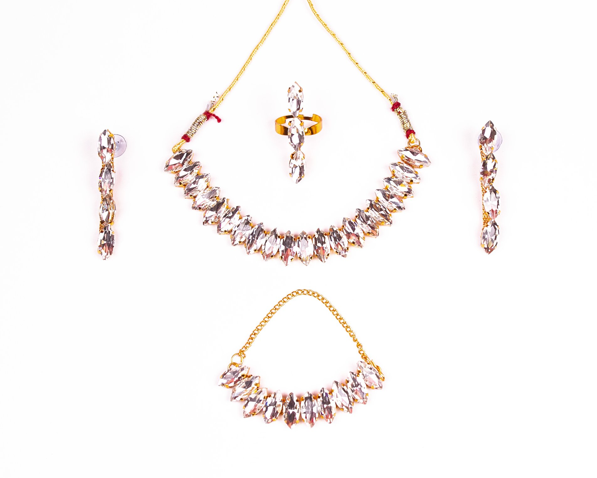 Gold-Polished Alloy Rhinestones Studded Single Line Necklace Set - The Pari