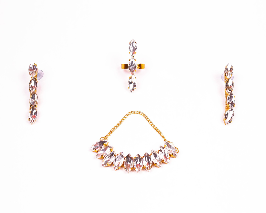 Gold-Polished Alloy Rhinestones Studded Single Line Necklace Set - The Pari