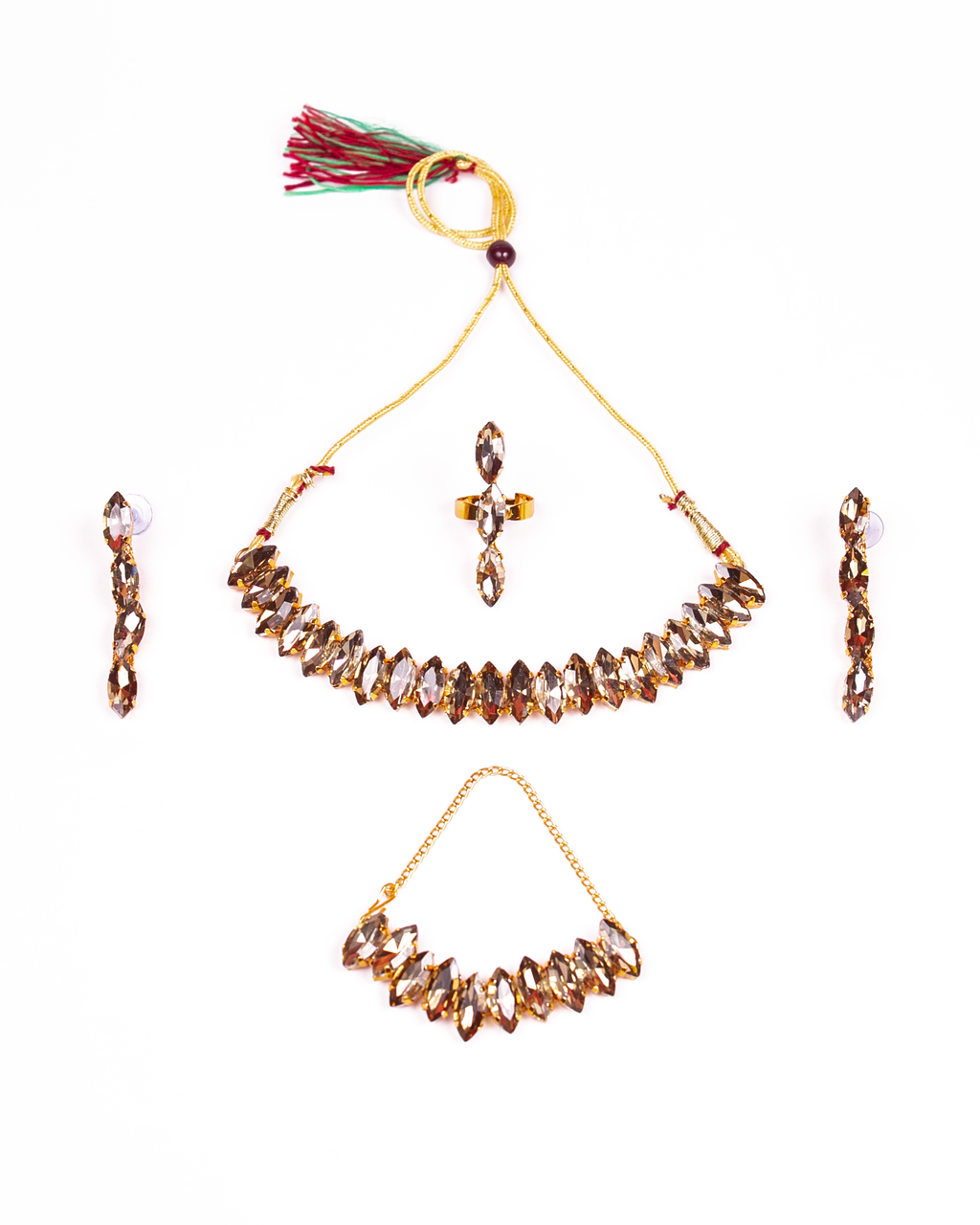 Gold-Polished Alloy Rhinestones Studded Single Line Necklace Set - The Pari