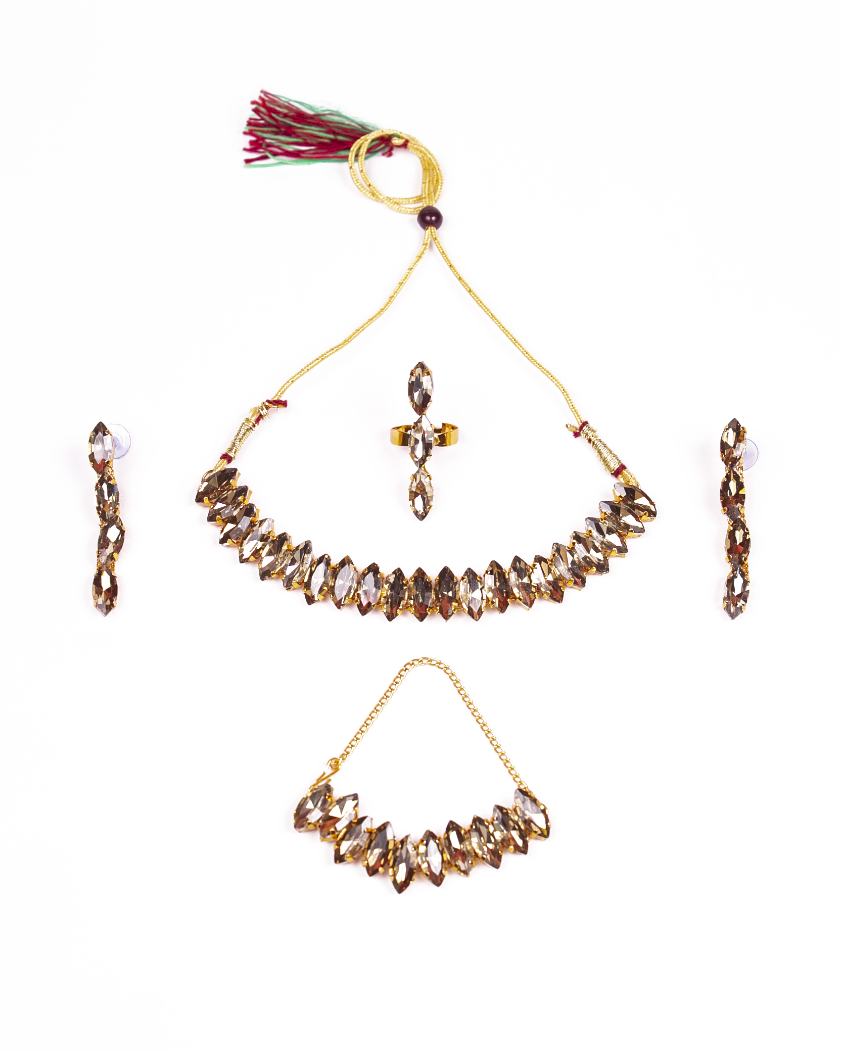 Gold-Polished Alloy Rhinestones Studded Single Line Necklace Set - The Pari