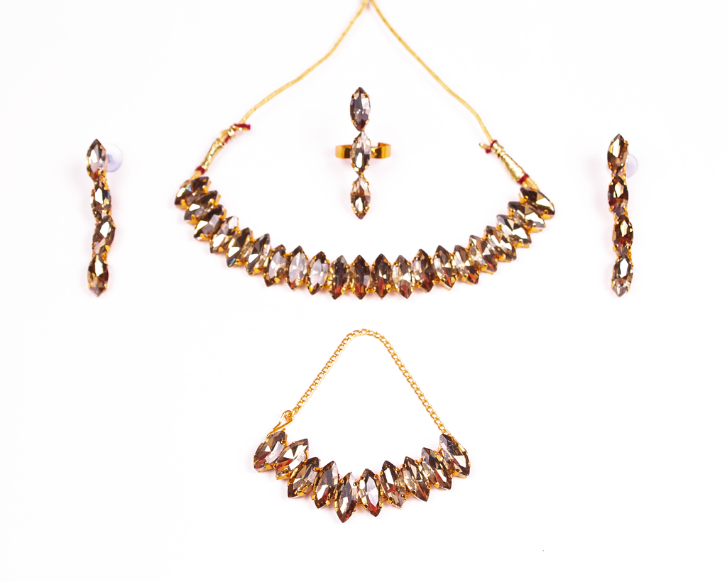 Gold-Polished Alloy Rhinestones Studded Single Line Necklace Set - The Pari
