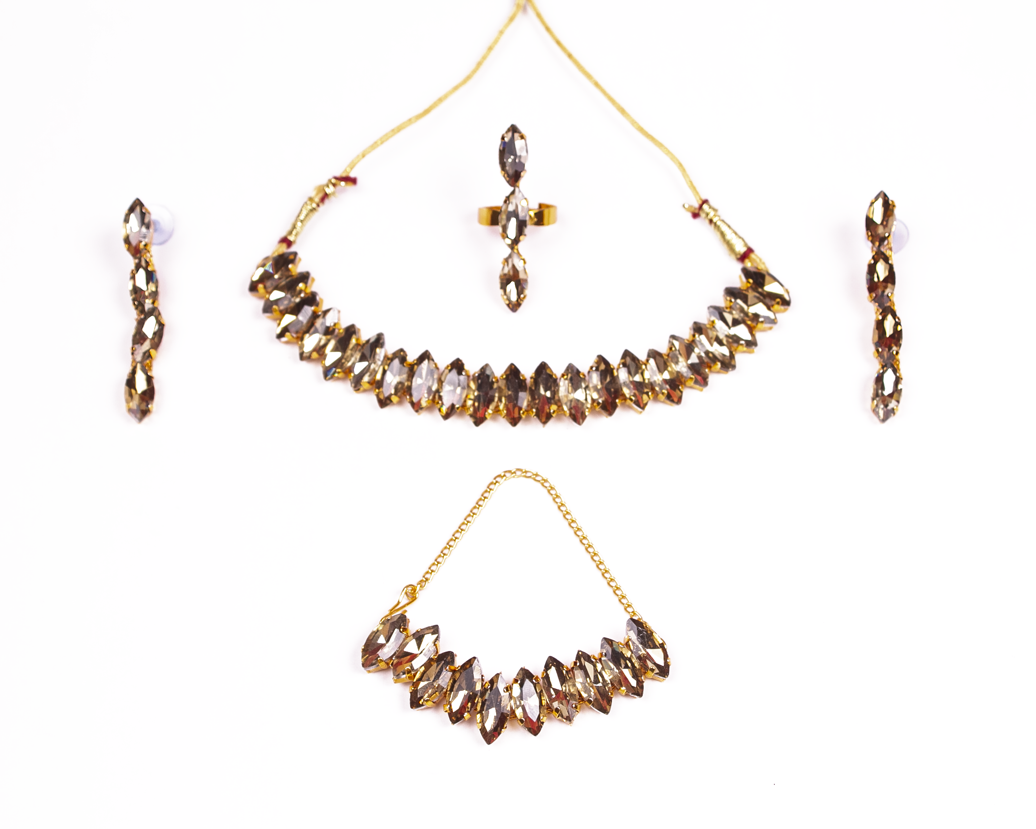 Gold-Polished Alloy Rhinestones Studded Single Line Necklace Set - The Pari