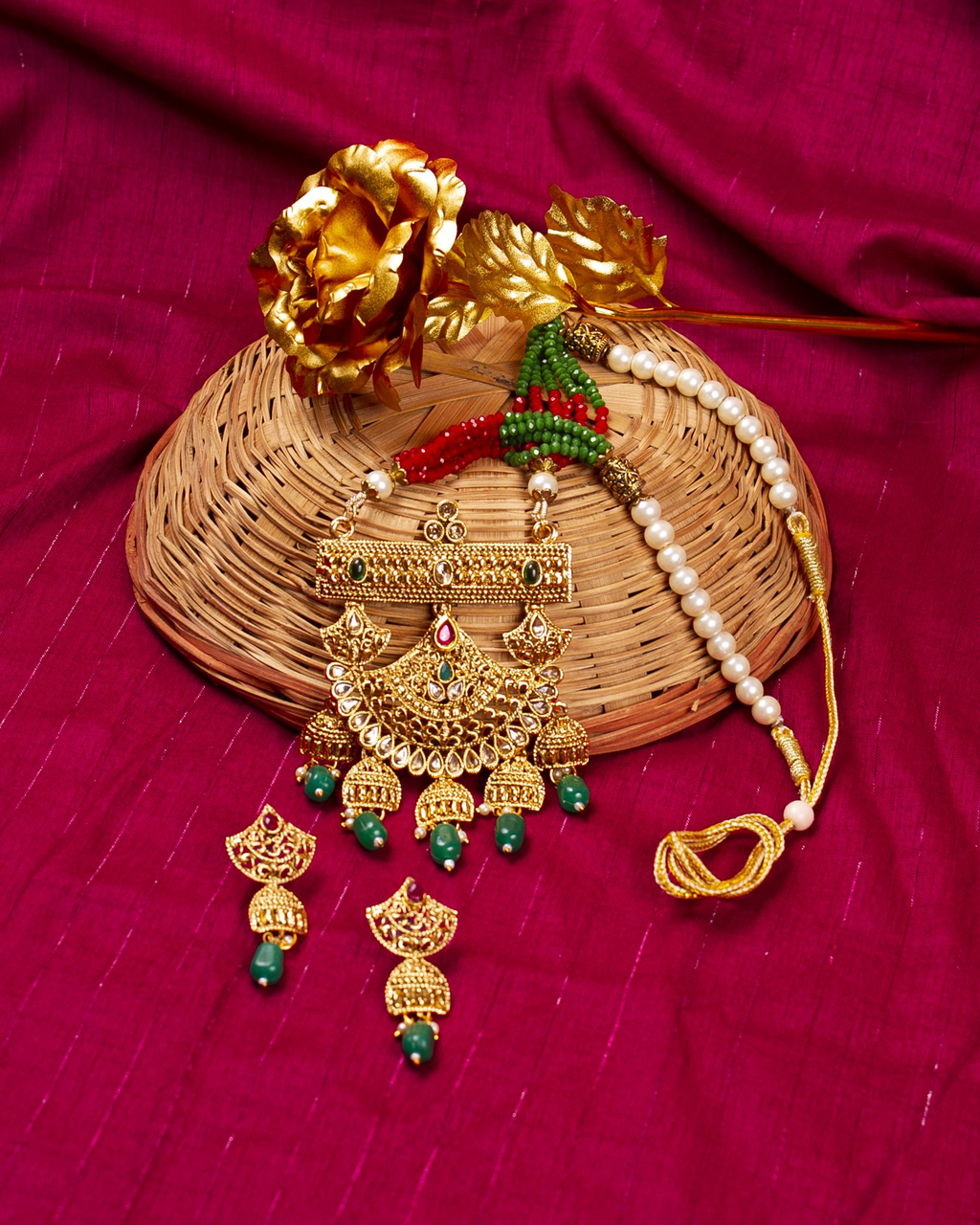 Gold-Polished Alloy Pearl And Beads Mala Pendant Set - The Pari