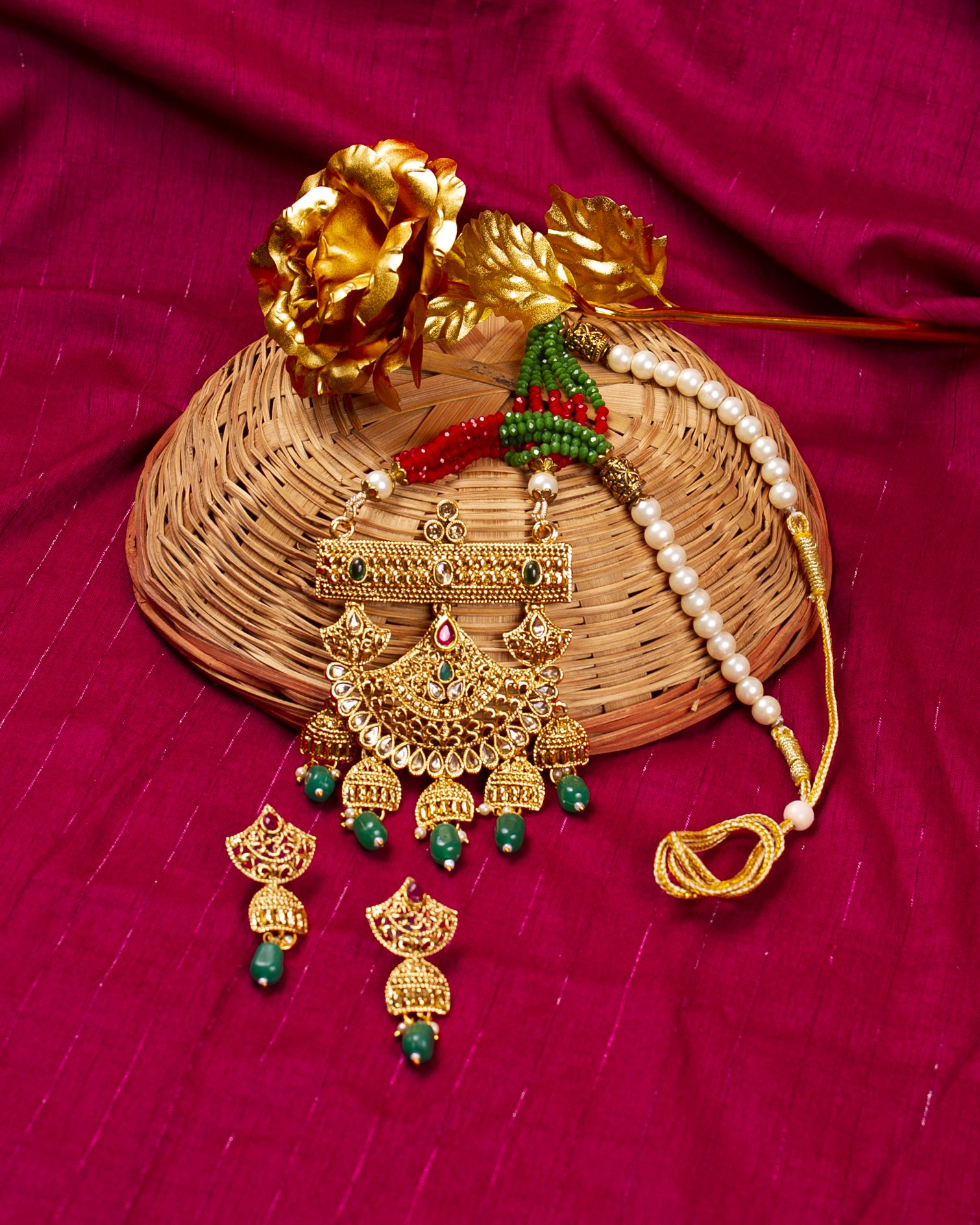 Gold-Polished Alloy Pearl And Beads Mala Pendant Set - The Pari