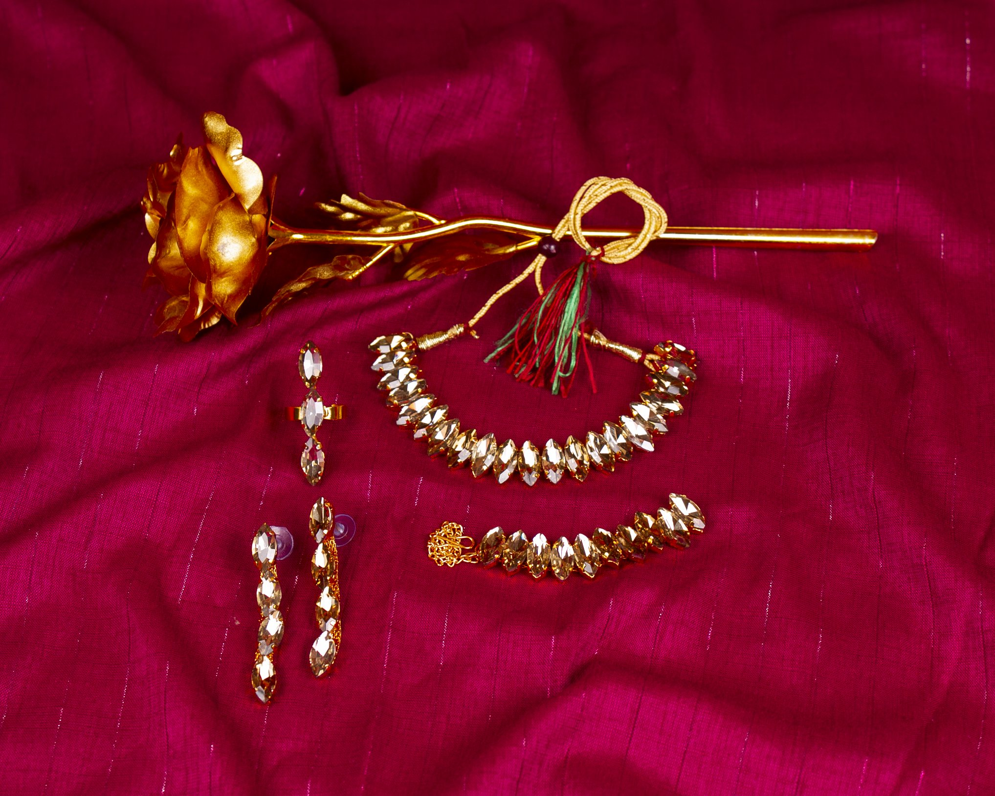 Gold-Polished Alloy Rhinestones Studded Single Line Necklace Set - The Pari