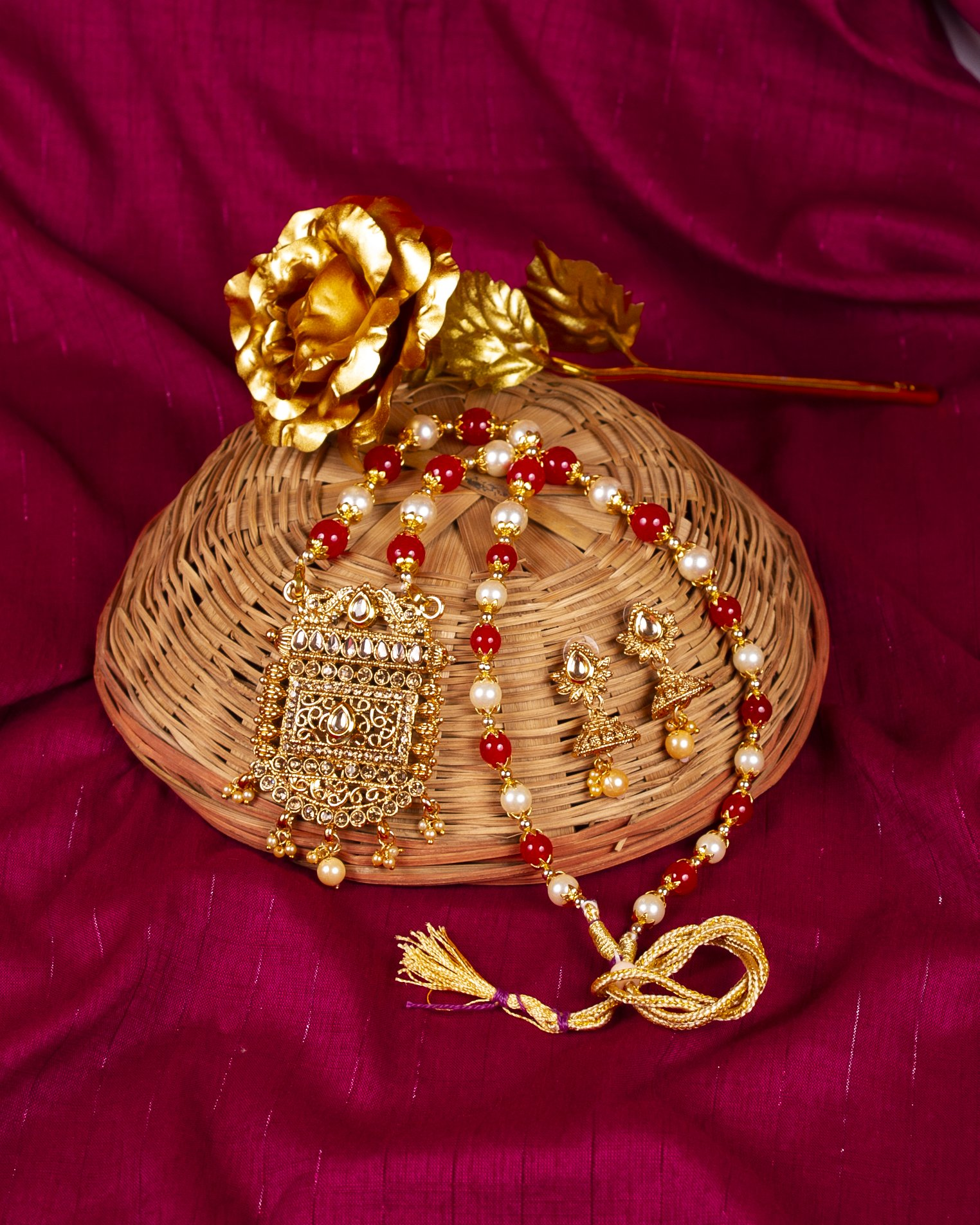 Gold-Polished Alloy Pearl And Beads Mala Pendant Set - The Pari