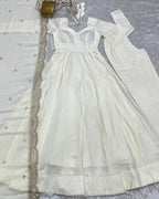 Lorenvalley Fashion Offwhite Pure Roman Silk Chanderi Fabric Fully Flared Anarkali Pant With Dupatta Set - Off White