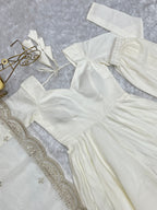 Lorenvalley Fashion Offwhite Pure Roman Silk Chanderi Fabric Fully Flared Anarkali Pant With Dupatta Set - Off White