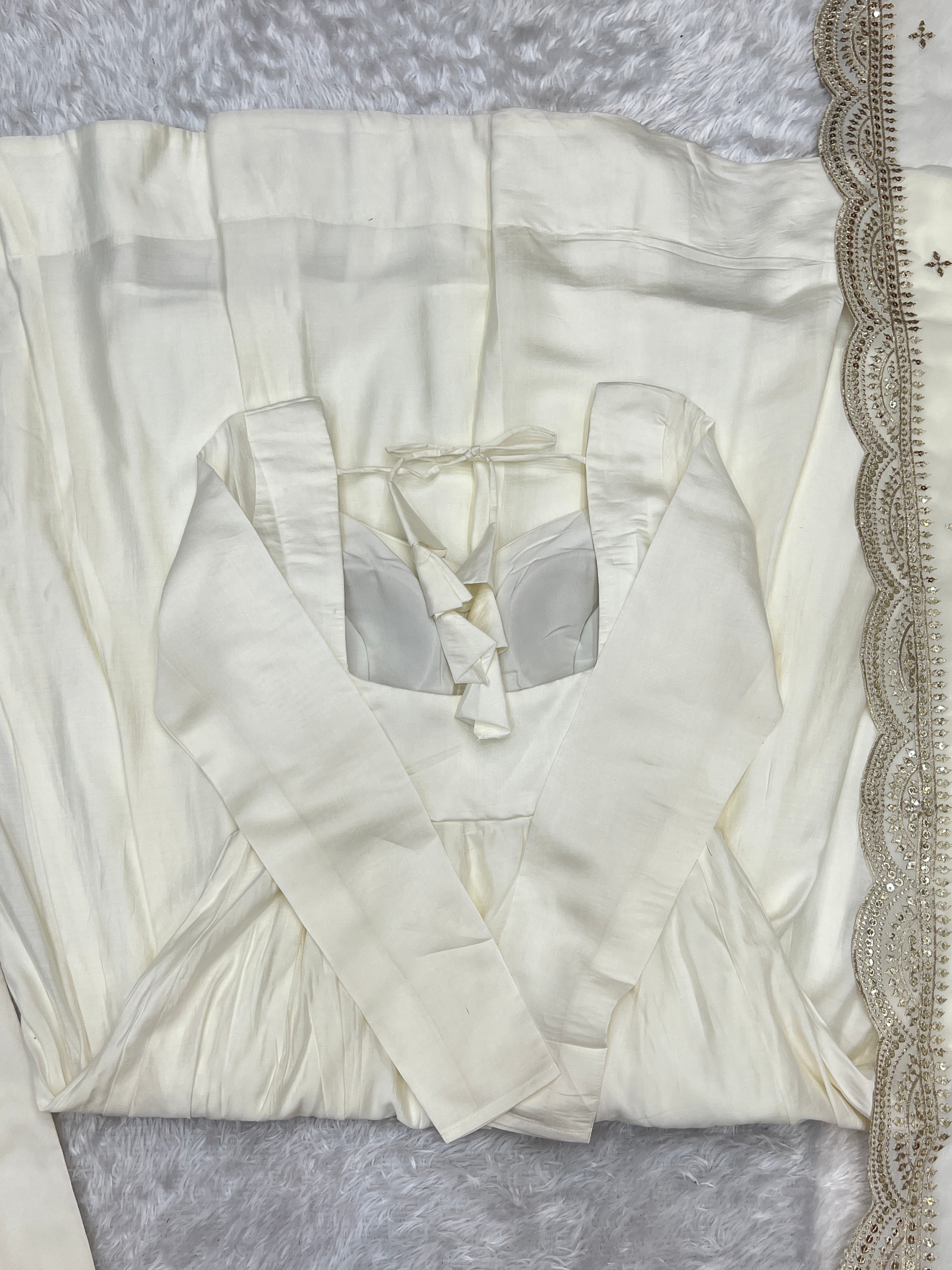 Lorenvalley Fashion Offwhite Pure Roman Silk Chanderi Fabric Fully Flared Anarkali Pant With Dupatta Set - Off White