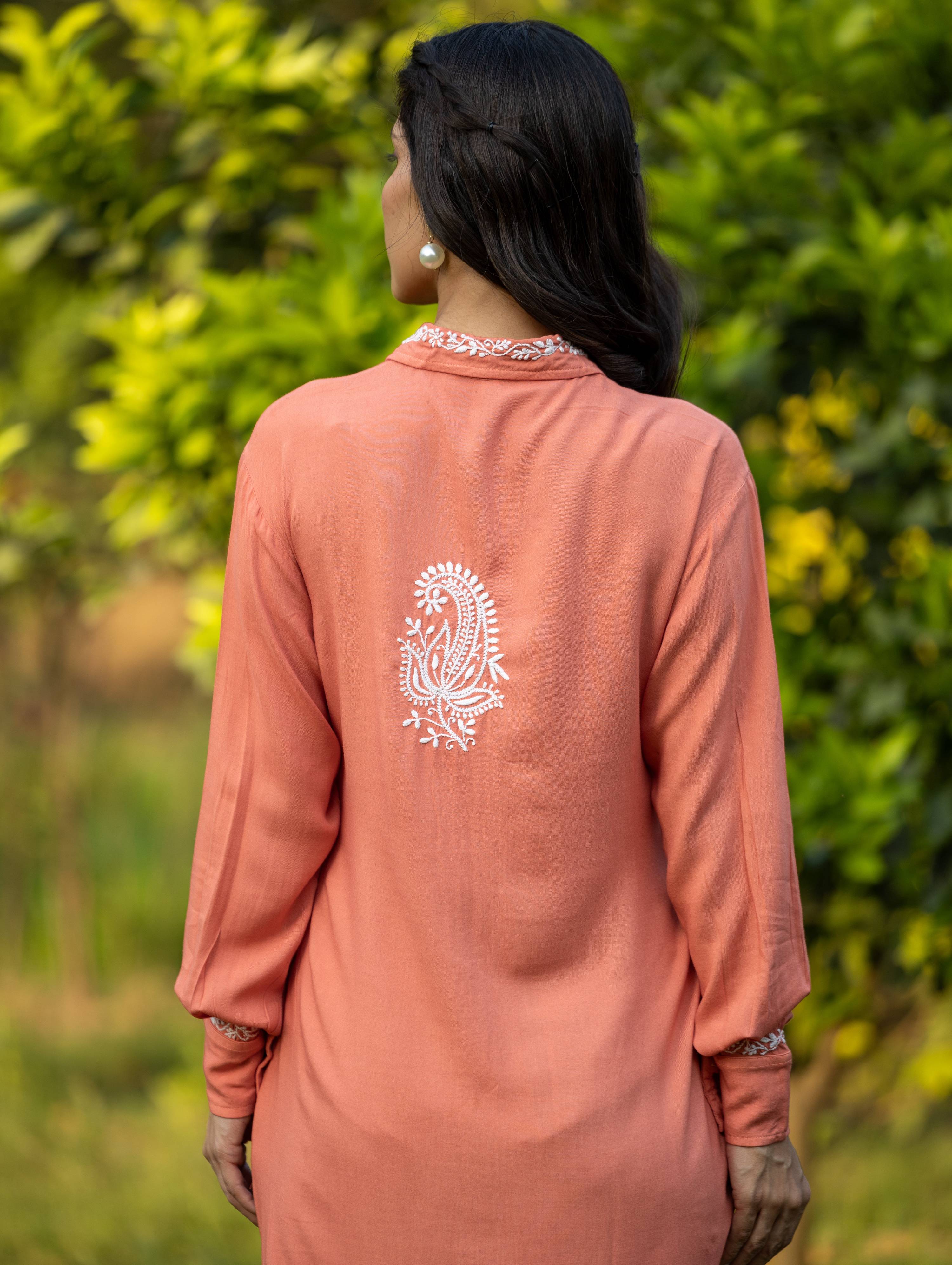 Gharana India Luxury Rayon Blush Red Chikankari Long Shirt - Distacart
