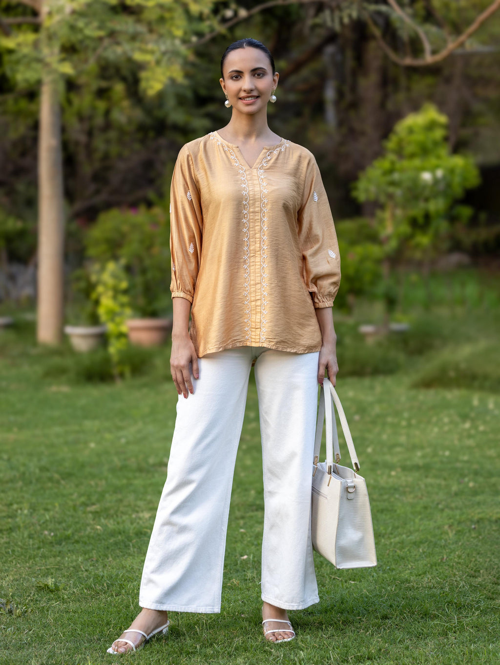 Gharana India Chanderi Chikankari Golden Beige Top - Distacart