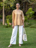 Gharana India Chanderi Chikankari Golden Beige Top - Distacart