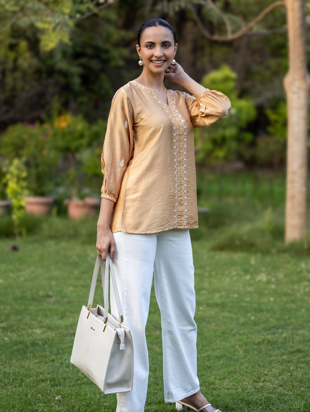 Gharana India Chanderi Chikankari Golden Beige Top - Distacart