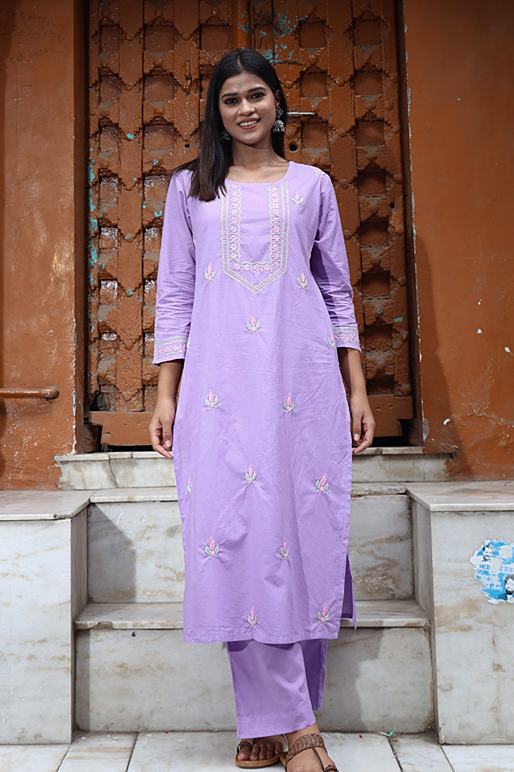 Gharana India Mul Cotton Lilac Chikankari Kurta Set - 2Pc - Distacart