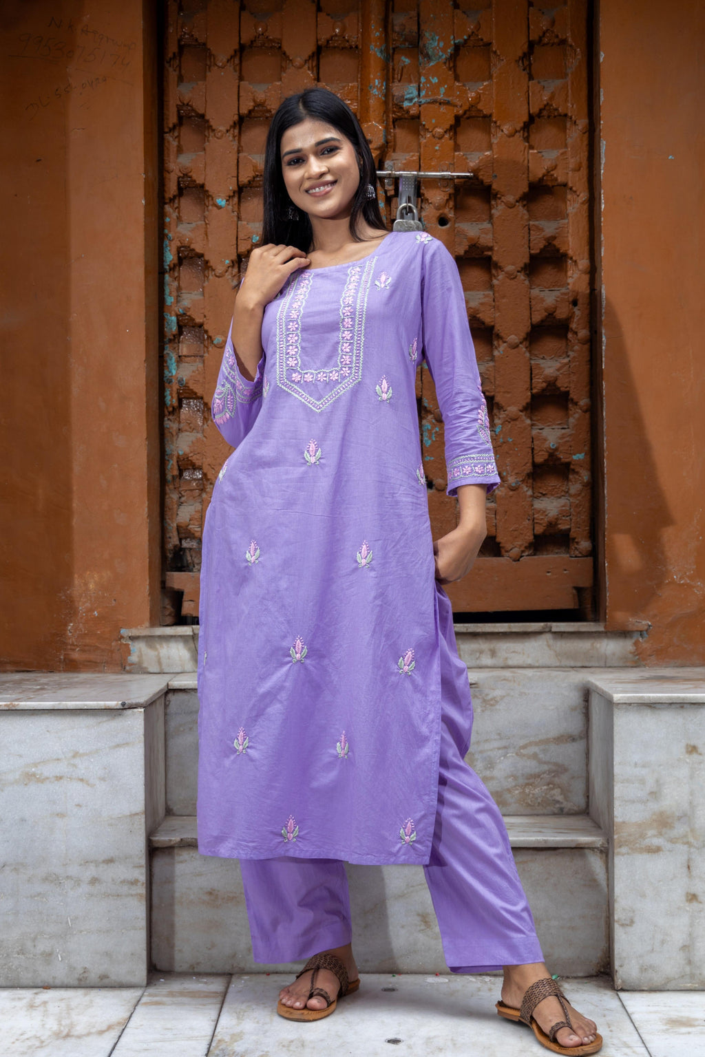 Gharana India Mul Cotton Lilac Chikankari Kurta Set - 2Pc - Distacart
