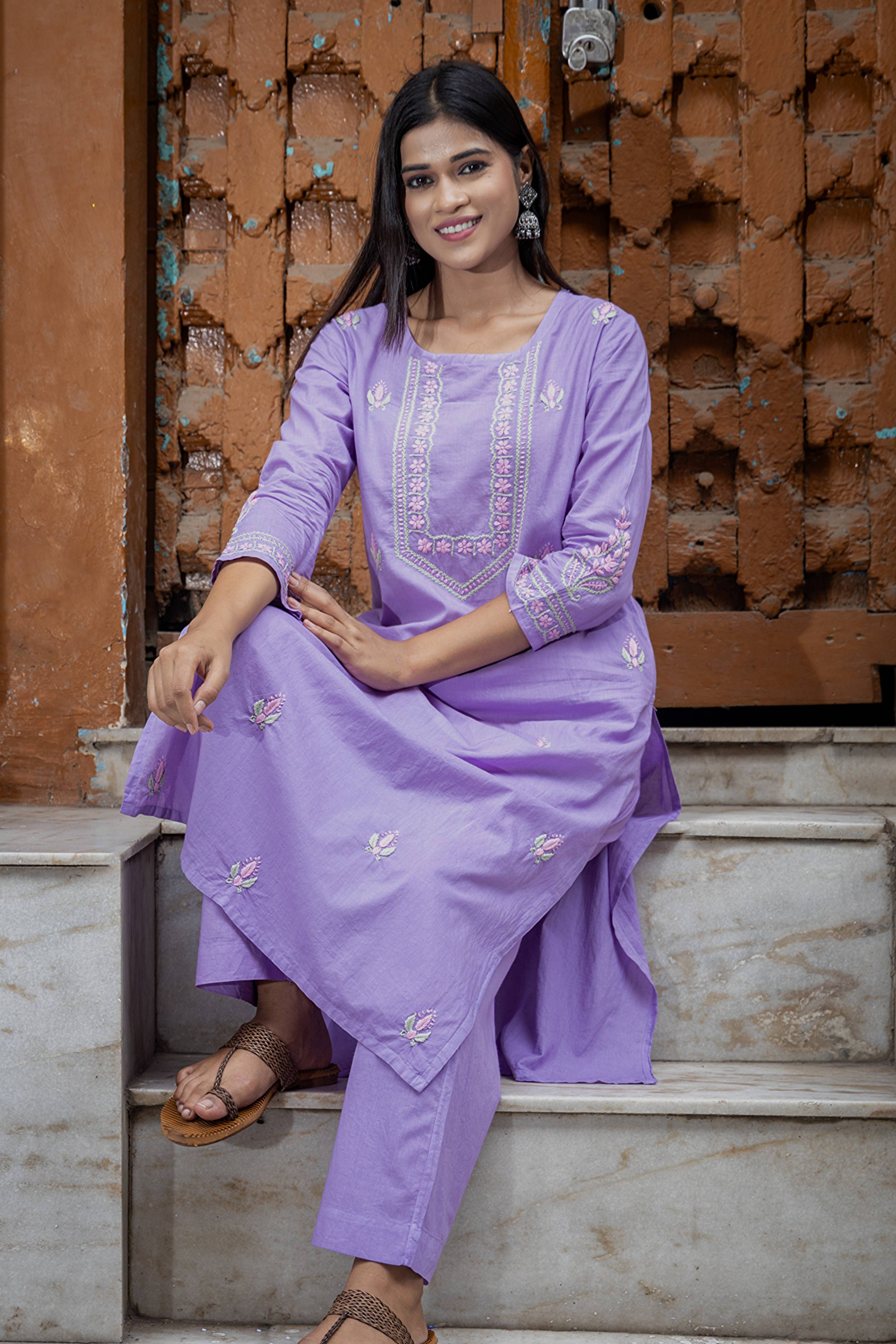Gharana India Mul Cotton Lilac Chikankari Kurta Set - 2Pc - Distacart