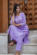 Gharana India Mul Cotton Lilac Chikankari Kurta Set - 2Pc - Distacart