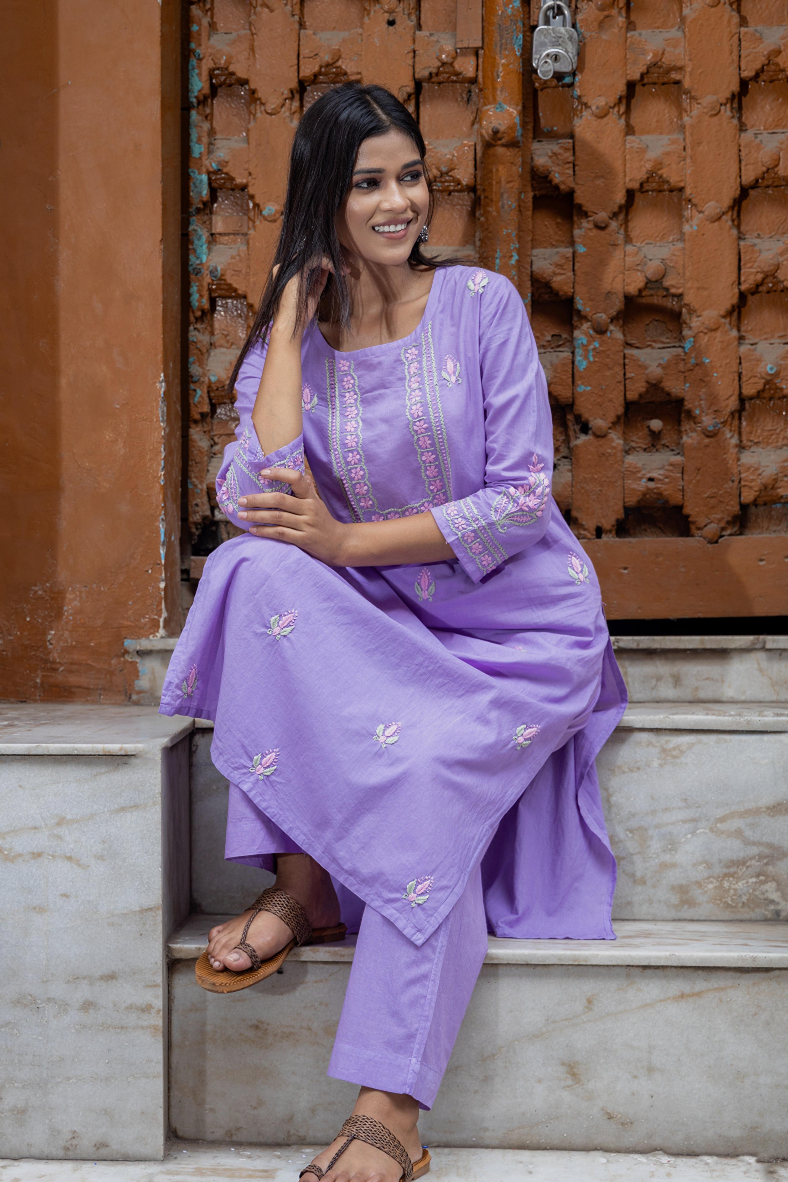 Gharana India Mul Cotton Lilac Chikankari Kurta Set - 2Pc - Distacart