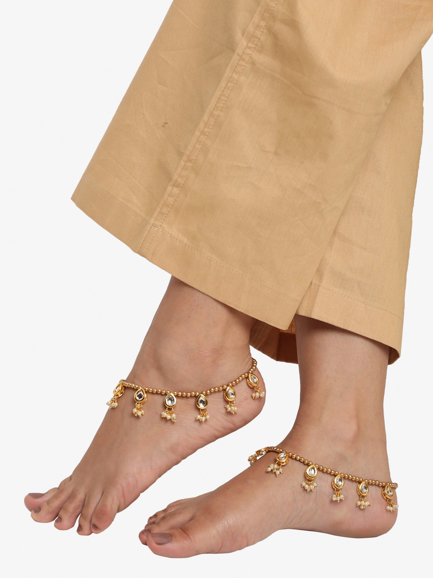 Gold-Plated White Kundan Set Of 2 Anklets - Ruby Raang - Distacart