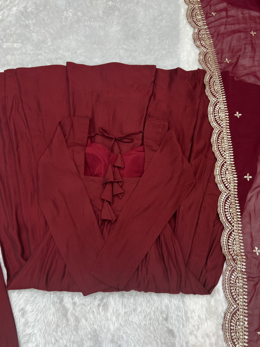 Lorenvalley Fashion Maroon Pure Roman Silk Chanderi Fabric Fully Flared Anarkali Pant With Dupatta Set - Maroon