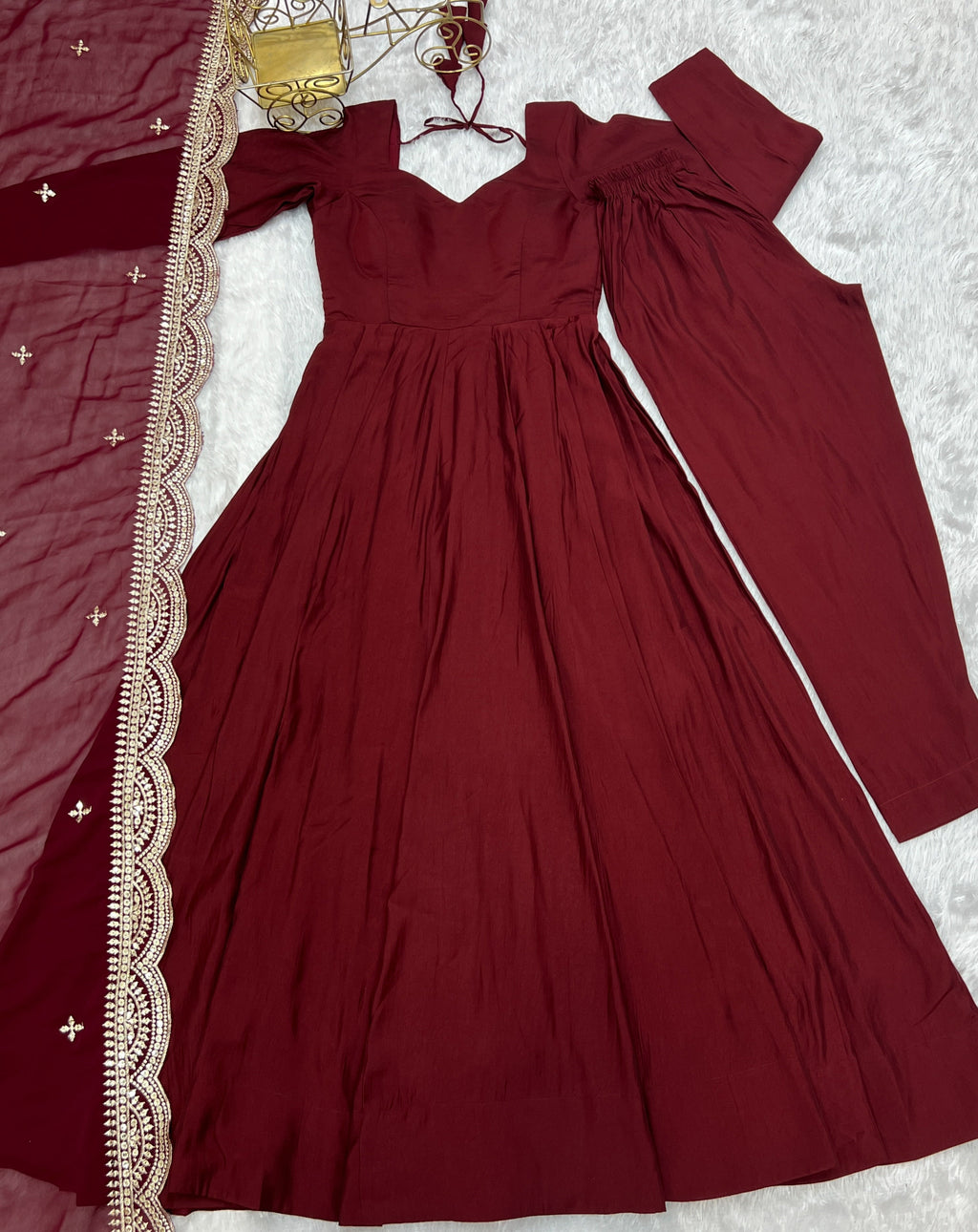 Lorenvalley Fashion Maroon Pure Roman Silk Chanderi Fabric Fully Flared Anarkali Pant With Dupatta Set - Maroon
