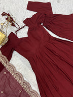 Lorenvalley Fashion Maroon Pure Roman Silk Chanderi Fabric Fully Flared Anarkali Pant With Dupatta Set - Maroon