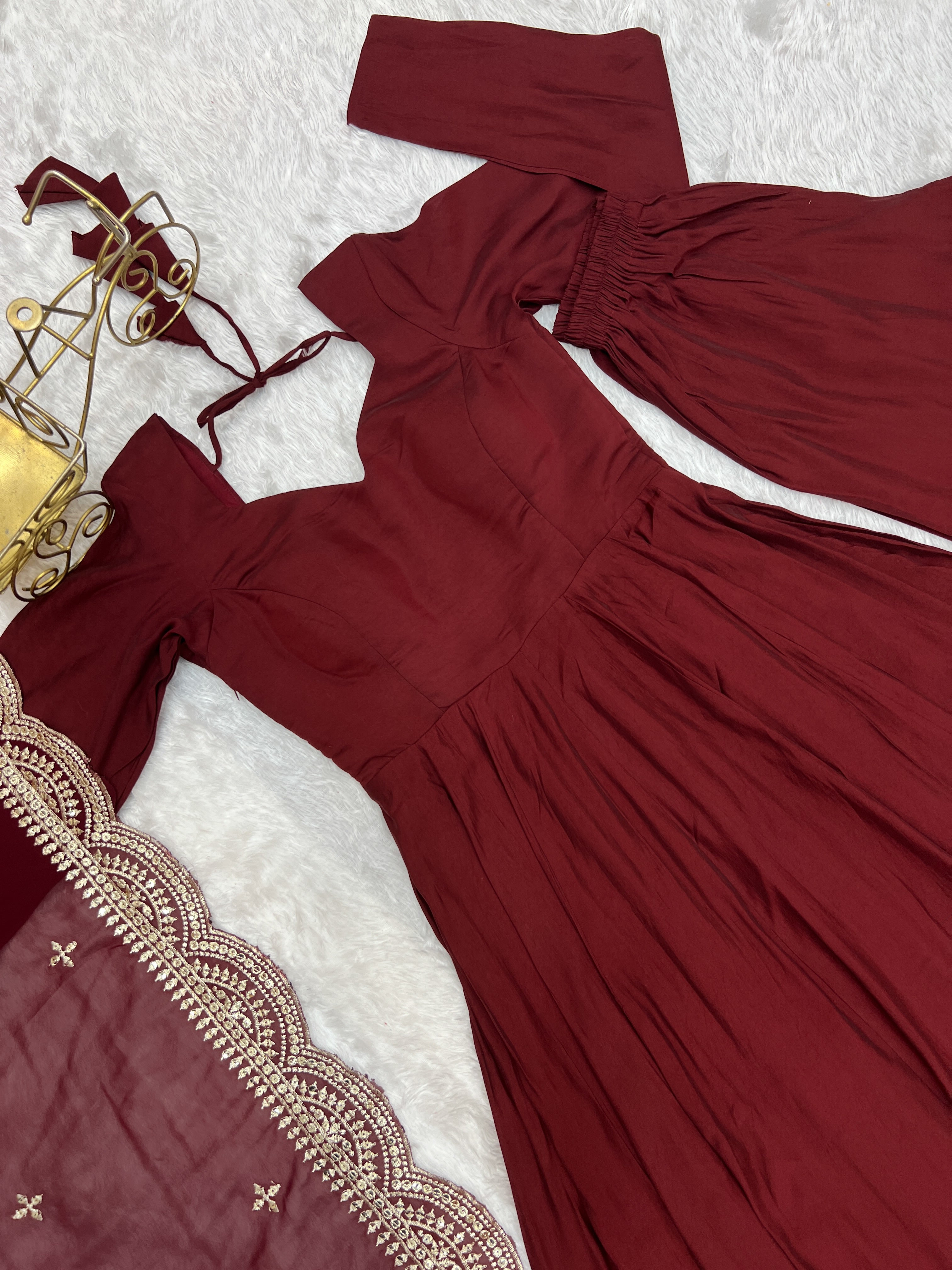 Lorenvalley Fashion Maroon Pure Roman Silk Chanderi Fabric Fully Flared Anarkali Pant With Dupatta Set - Maroon