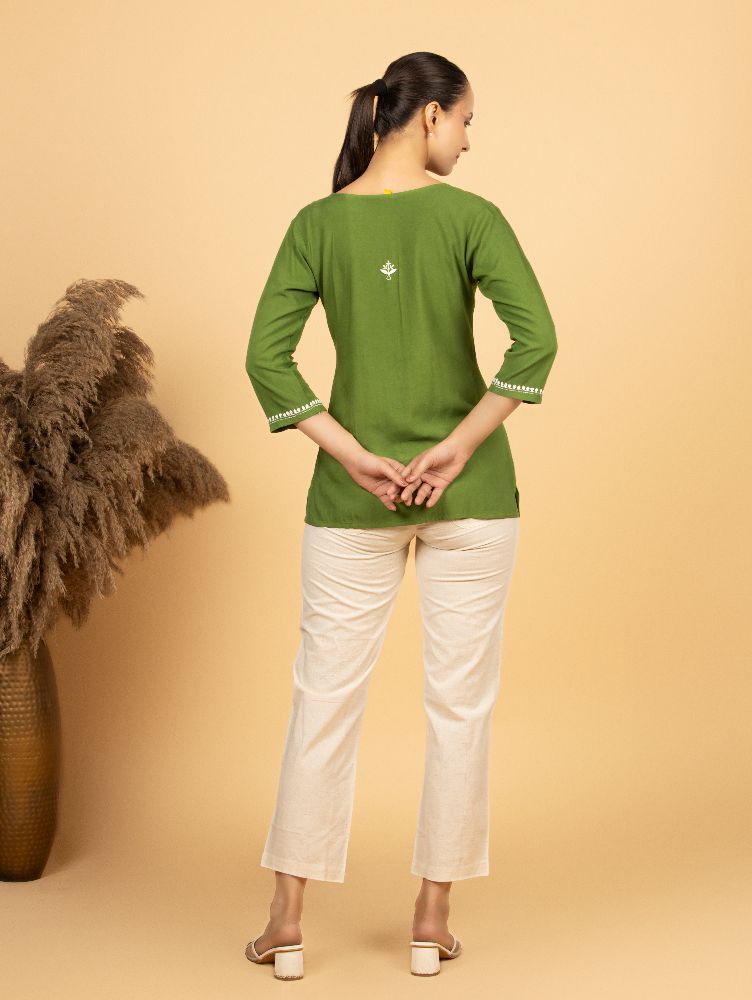Gharana India Luxury Rayon Green Chikankari Top - Distacart