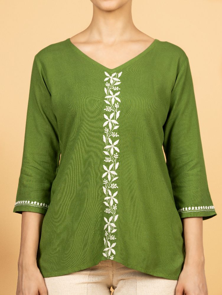 Gharana India Luxury Rayon Green Chikankari Top - Distacart