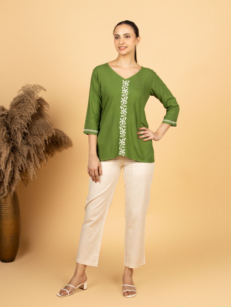 Gharana India Luxury Rayon Green Chikankari Top - Distacart