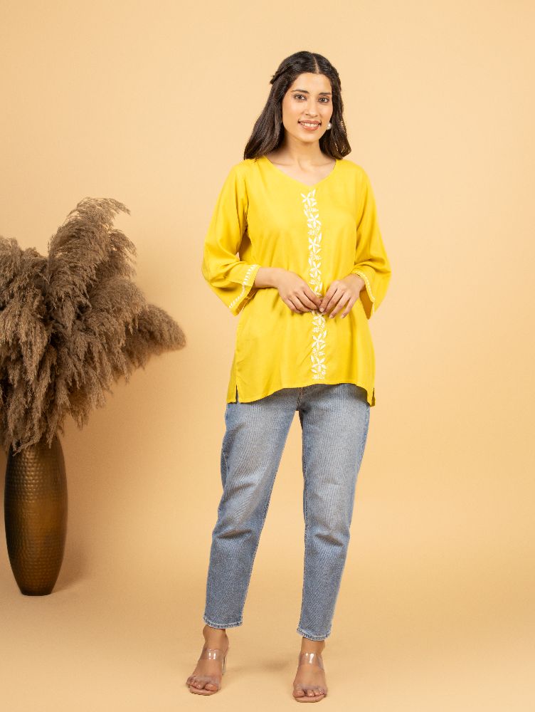 Gharana India Luxury Rayon Yellow Chikankari Top - Distacart