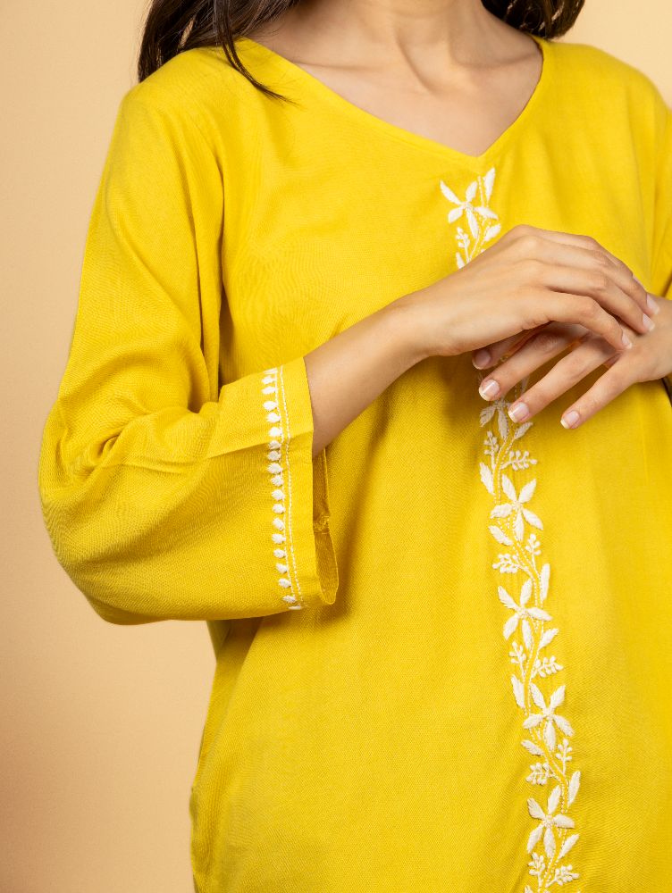 Gharana India Luxury Rayon Yellow Chikankari Top - Distacart