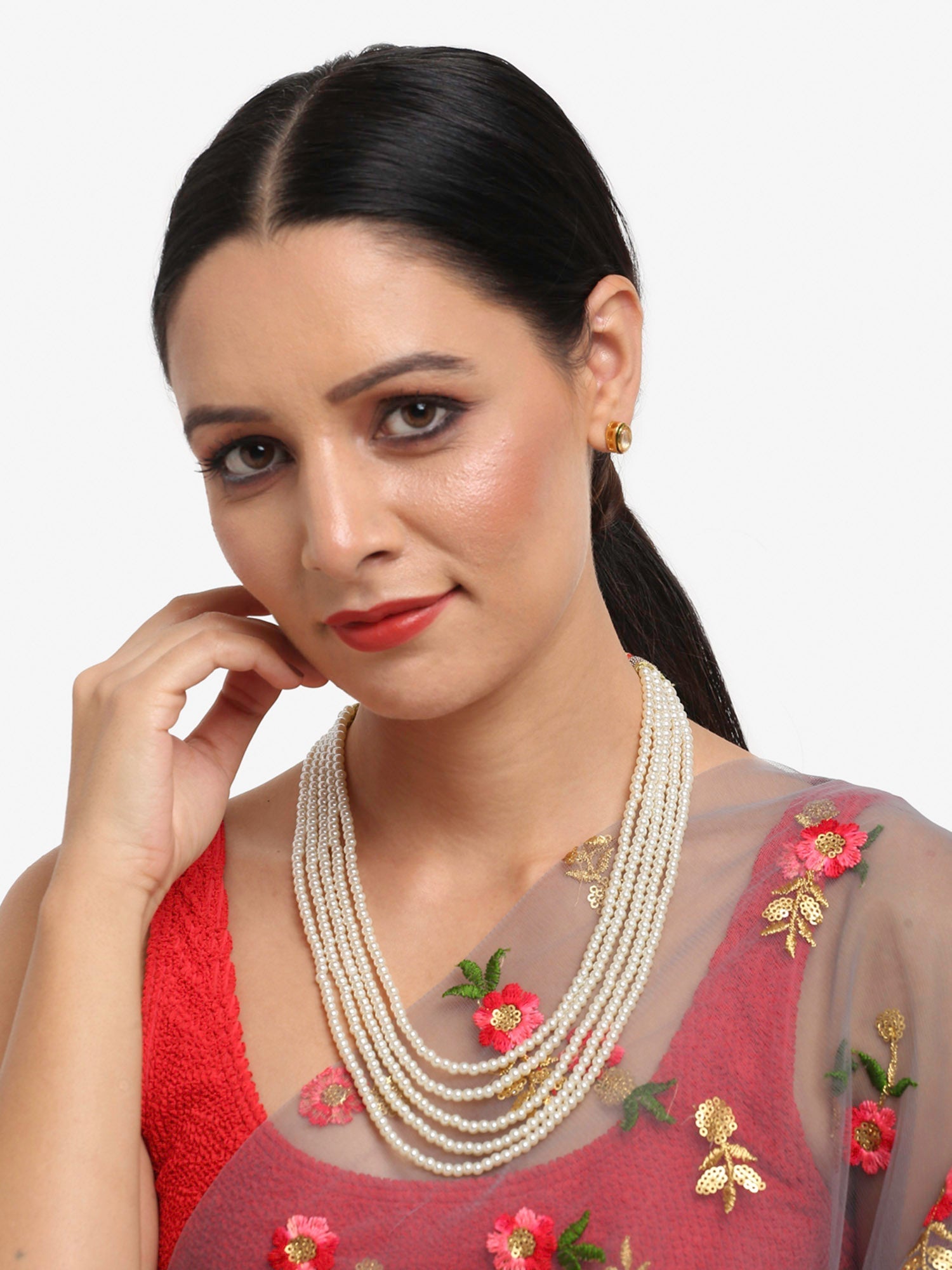 Women's White Gold-Toned Plated Kundan Layered Necklace Set - Ruby Raang - Distacart