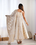 Evanik Off-White & Gold Jecqaurd Banarasi Anarkali Kurta Set With Dupatta - Distacart