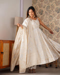 Evanik Off-White & Gold Jecqaurd Banarasi Anarkali Kurta Set With Dupatta - Distacart
