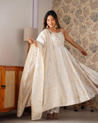 Evanik Off-White & Gold Jecqaurd Banarasi Anarkali Kurta Set With Dupatta - Distacart