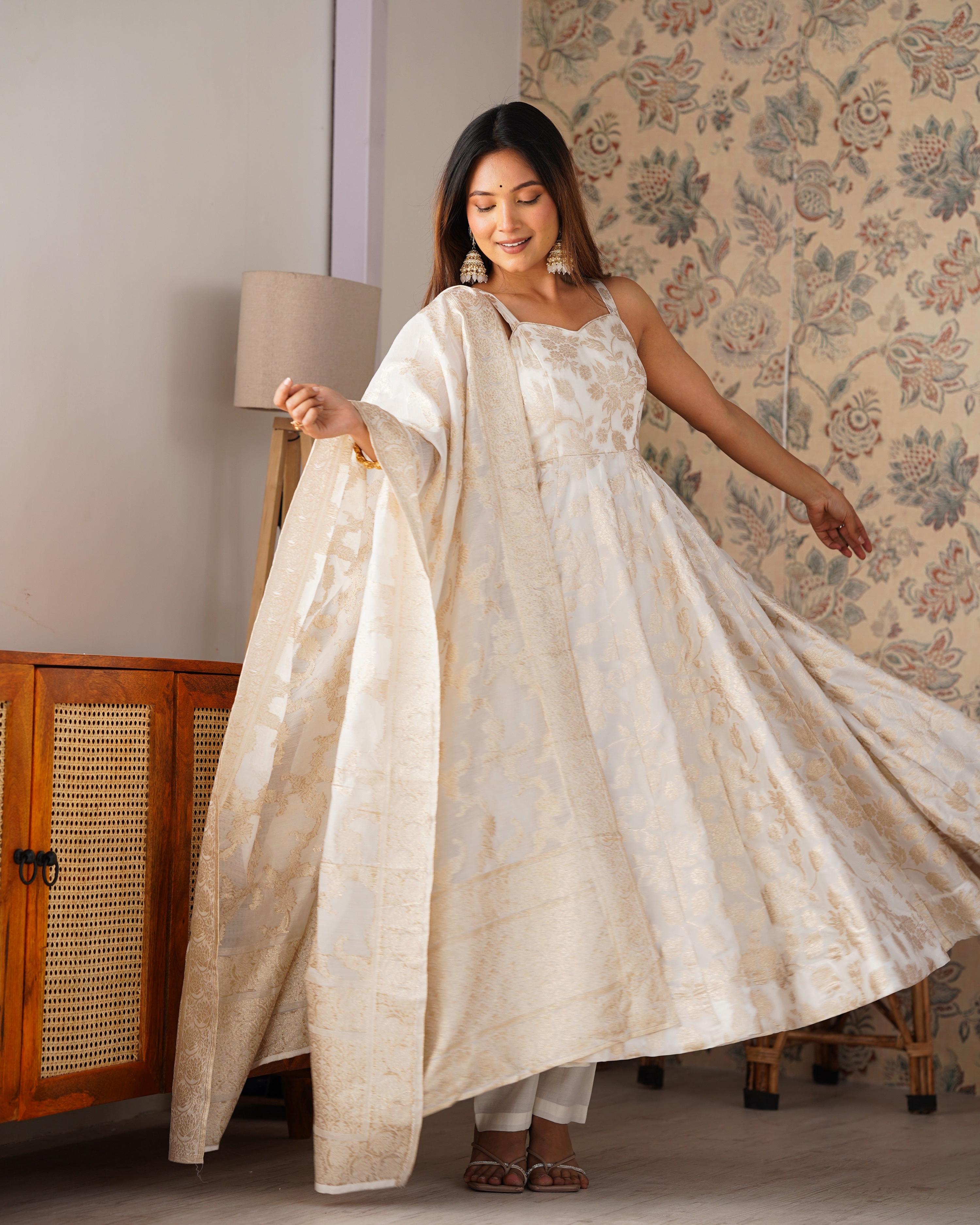 Evanik Off-White & Gold Jecqaurd Banarasi Anarkali Kurta Set With Dupatta - Distacart