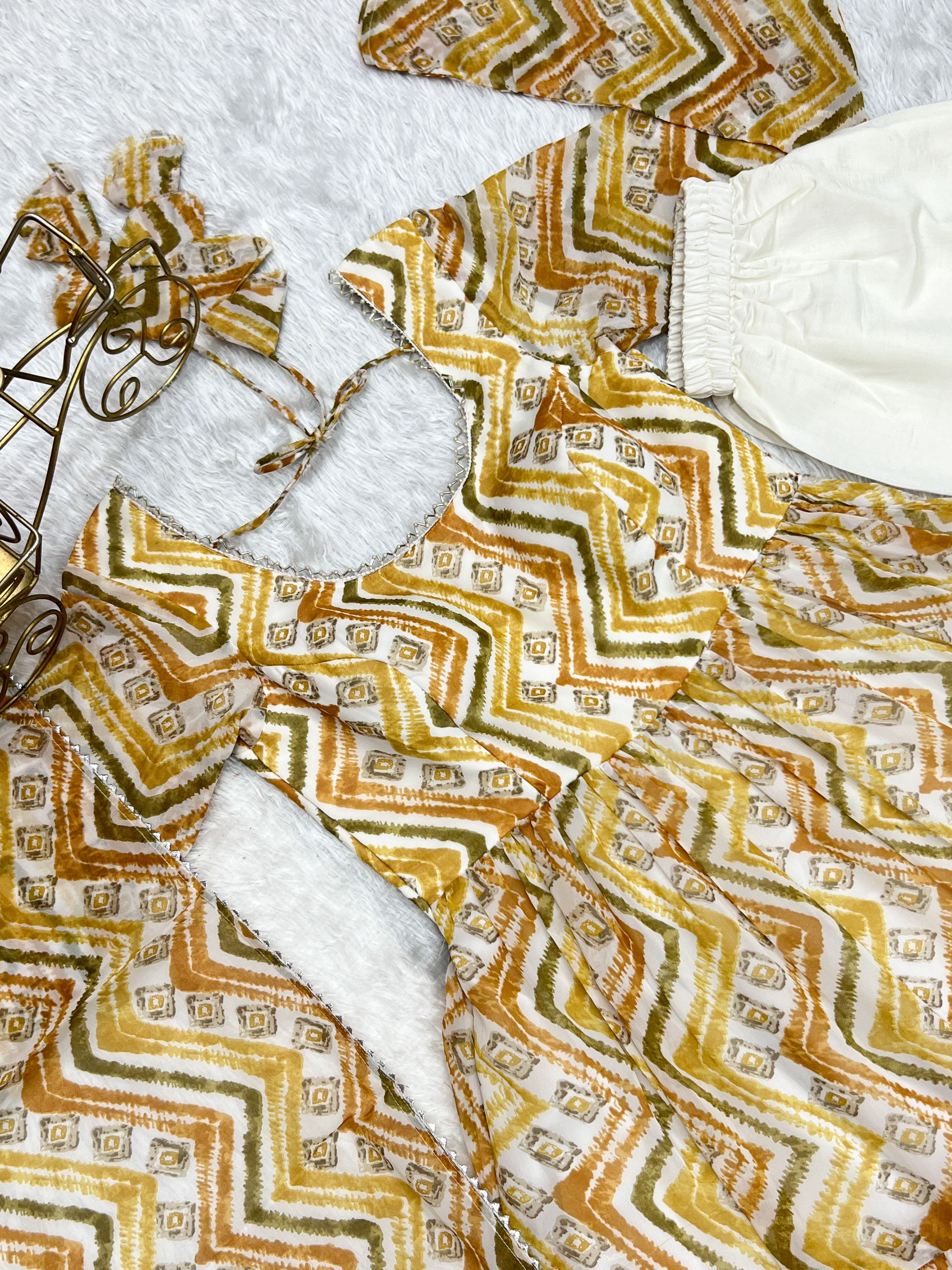 Lorenvalley Fashion Yellow Pure Faux Georgette Zigzag Print Fully Flair Anarkali Pant With Dupatta - Yellow