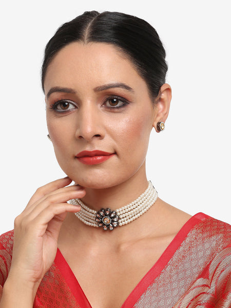 Silver-Plated Kundan Pearl Choker With Studs - Ruby Raang