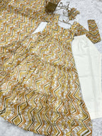 Lorenvalley Fashion Yellow Pure Faux Georgette Zigzag Print Fully Flair Anarkali Pant With Dupatta - Yellow